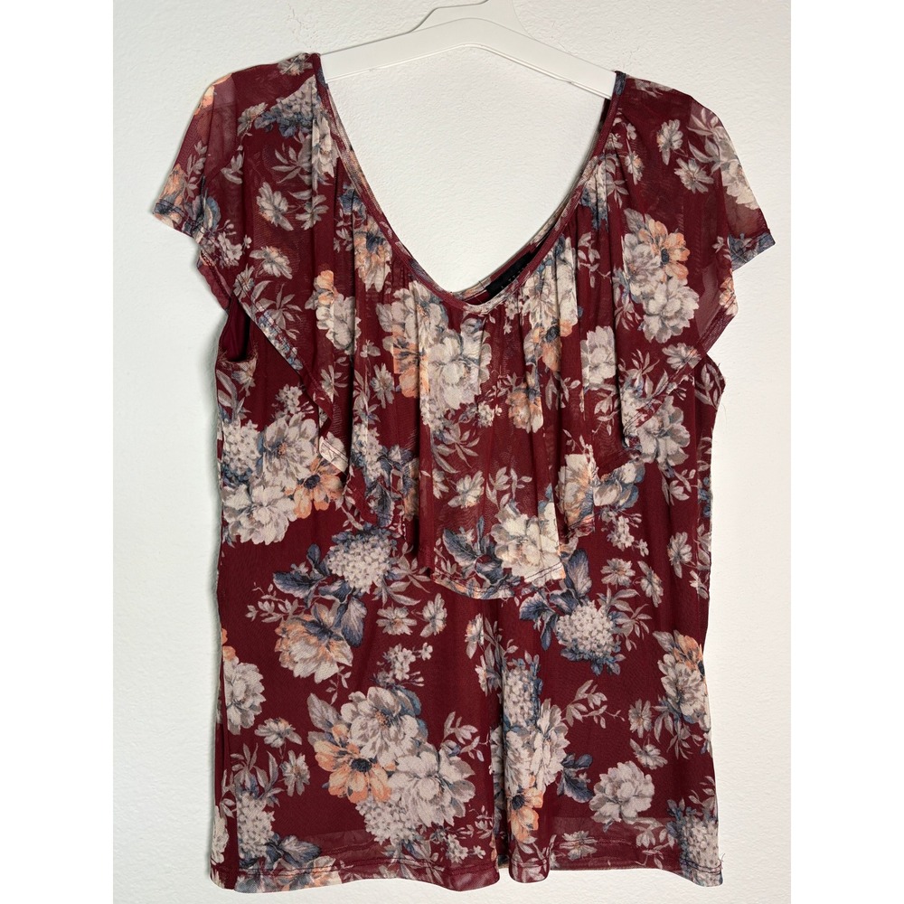 AUW Burgundy Floral Mesh Ruffle Flounce Blouse Top Womens Large V-Neck Cap